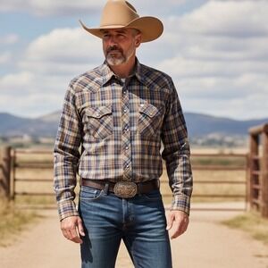 Wrangler Cowboy Cut Plaid Pearl Snap Long‎ Sleeve Western Shirt Vintage Men L